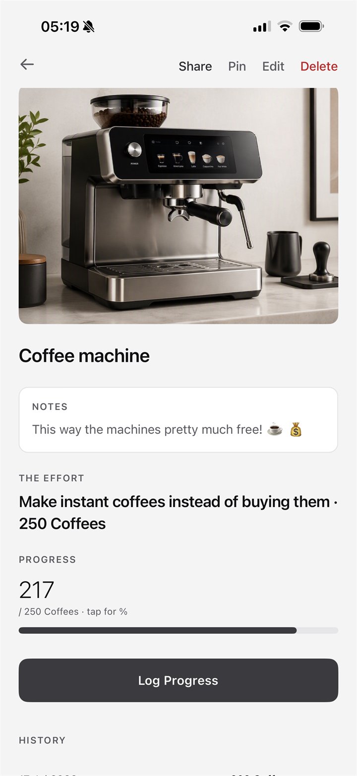 Live goal: 217 of 250 coffees logged