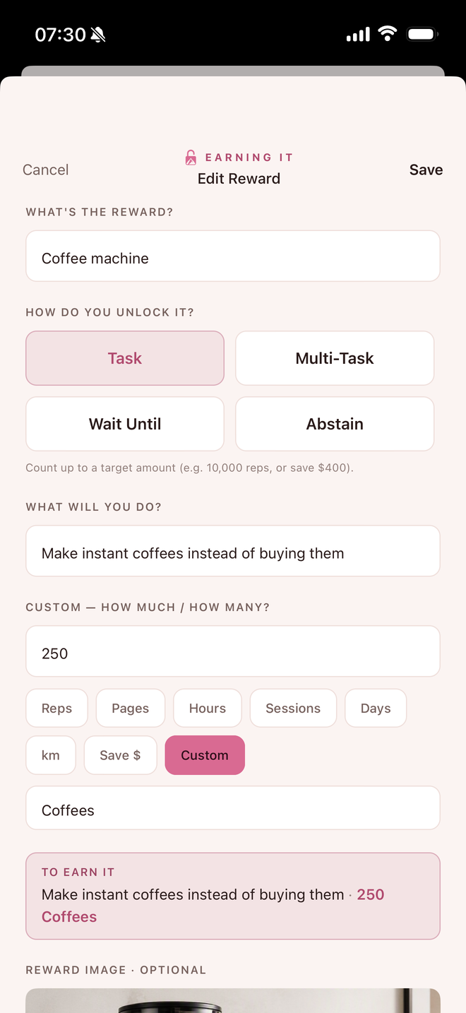 Setting up a reward in Earning It's Blush theme: coffee machine, unlocked by 250 home-made coffees