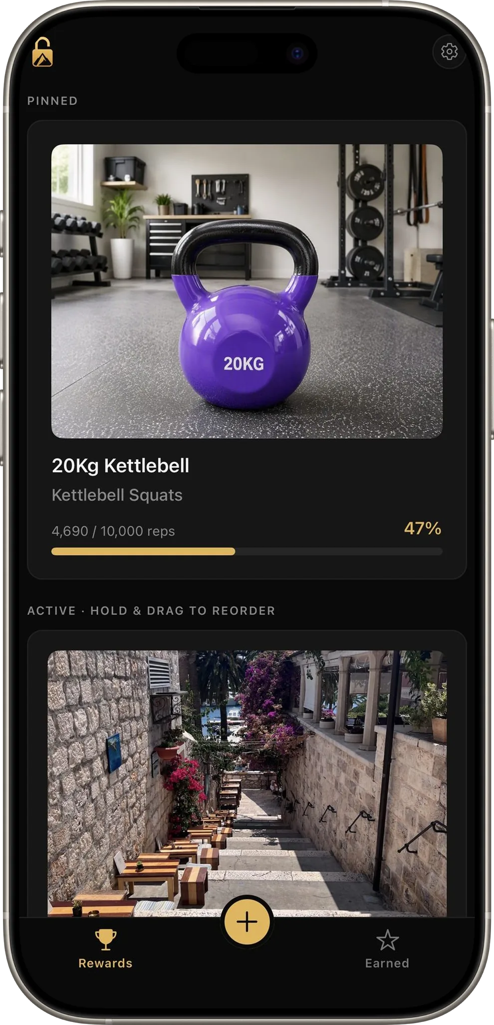 Home screen: a 20kg kettlebell being earned