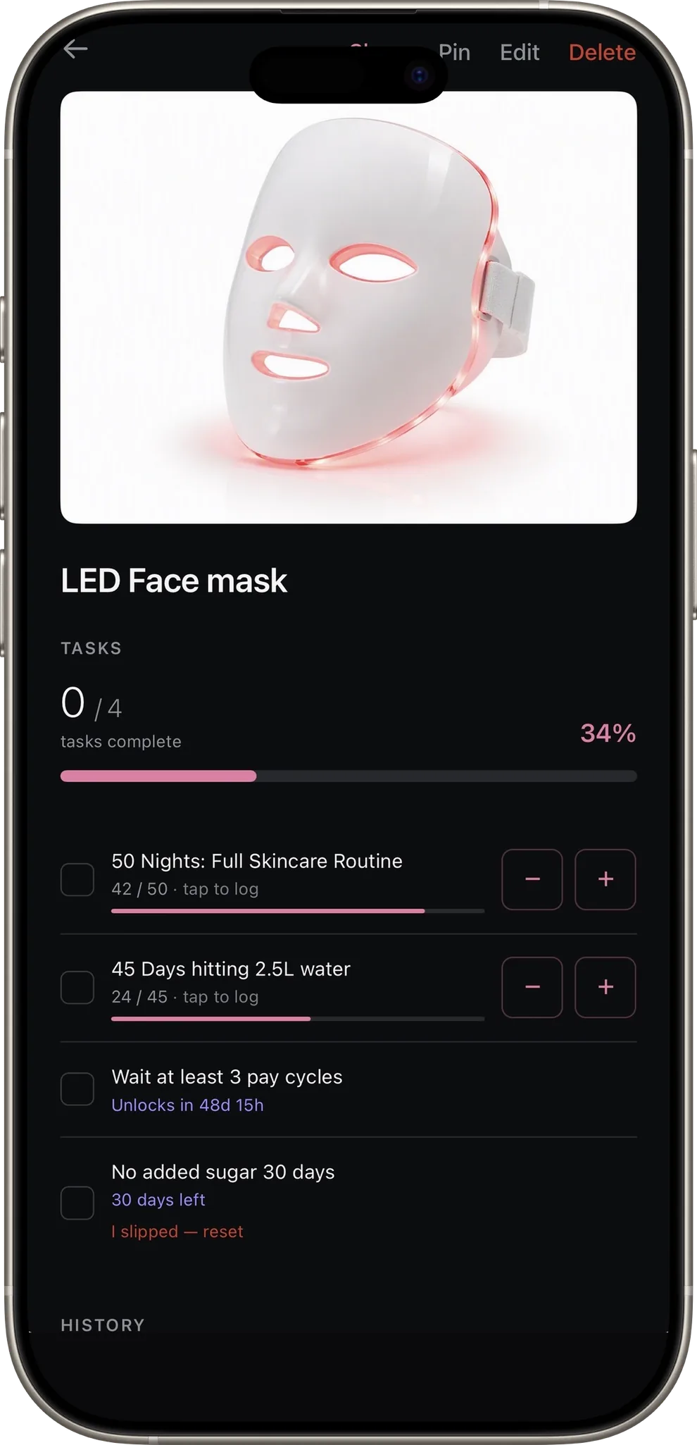 An LED face mask reward: skincare nights, water and no added sugar