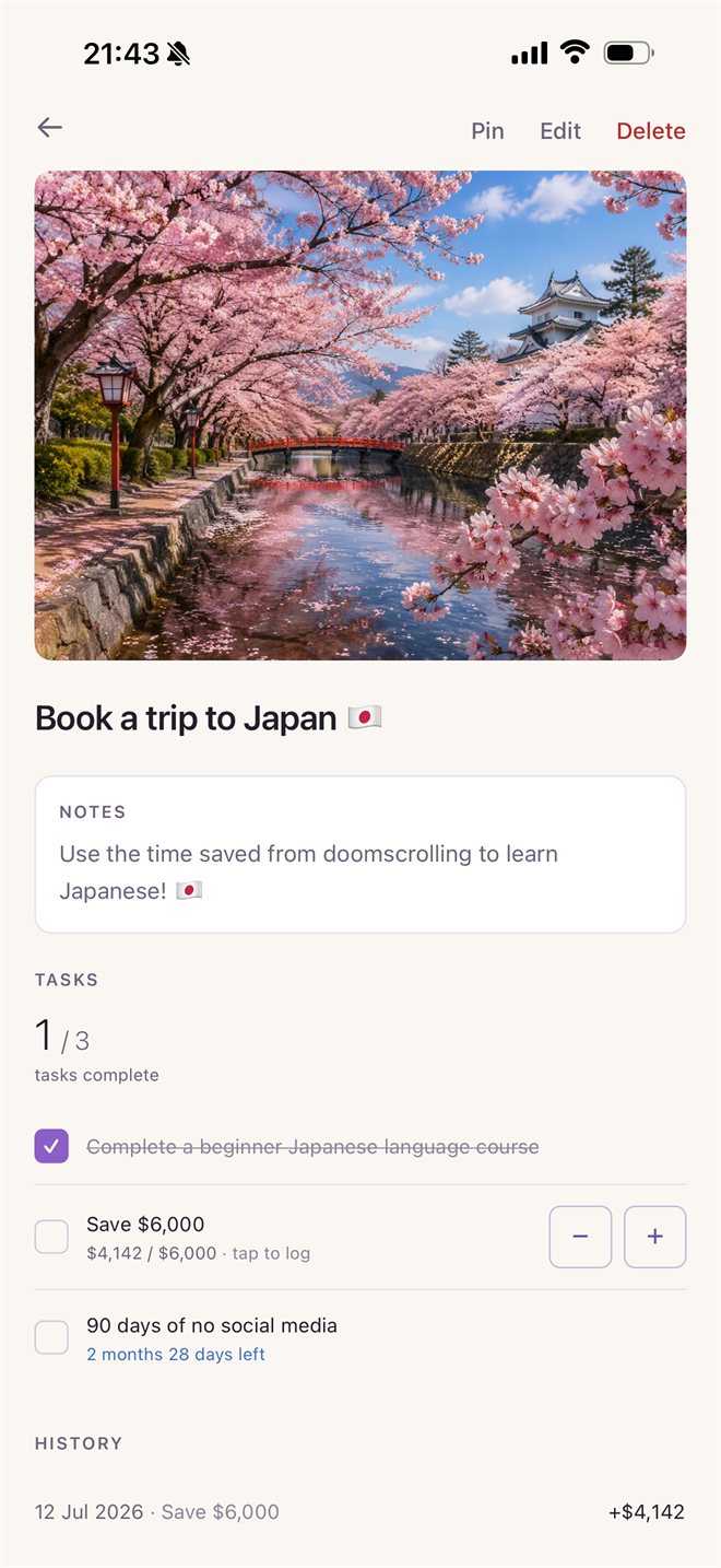Olivia theme: Book a trip to Japan reward — beginner Japanese course done (ticked, floated to the top of the list), $4,142 of $6,000 saved, 90 days of no social media underway