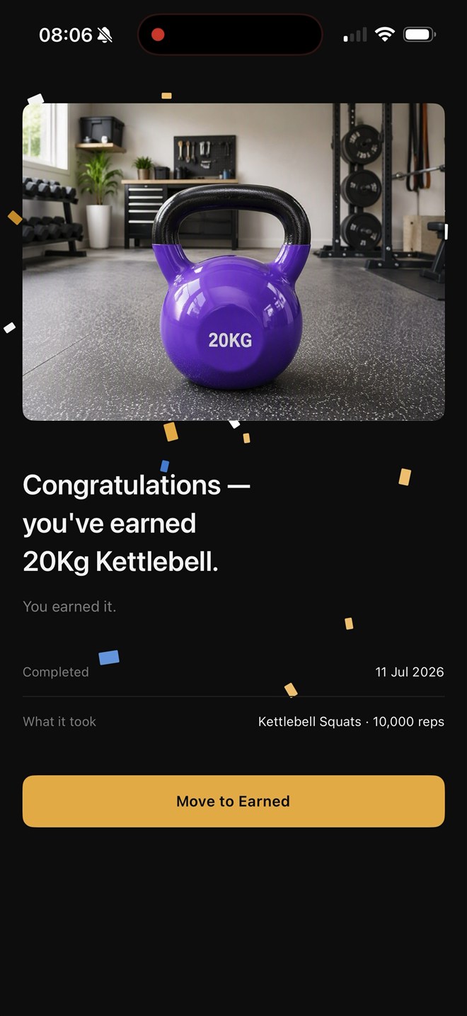 Celebration screen with confetti: congratulations, you've earned 20kg kettlebell