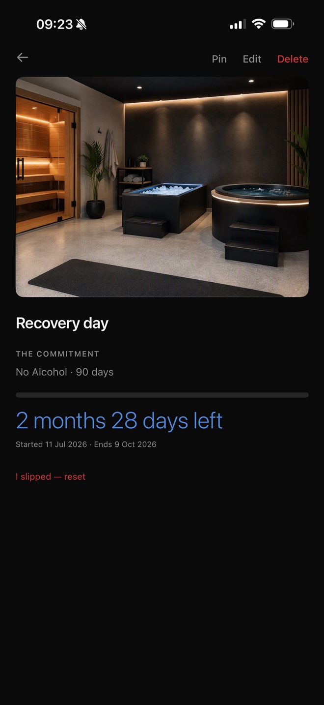 Recovery day reward live: no alcohol for 90 days, 2 months 28 days left, with an I-slipped reset option