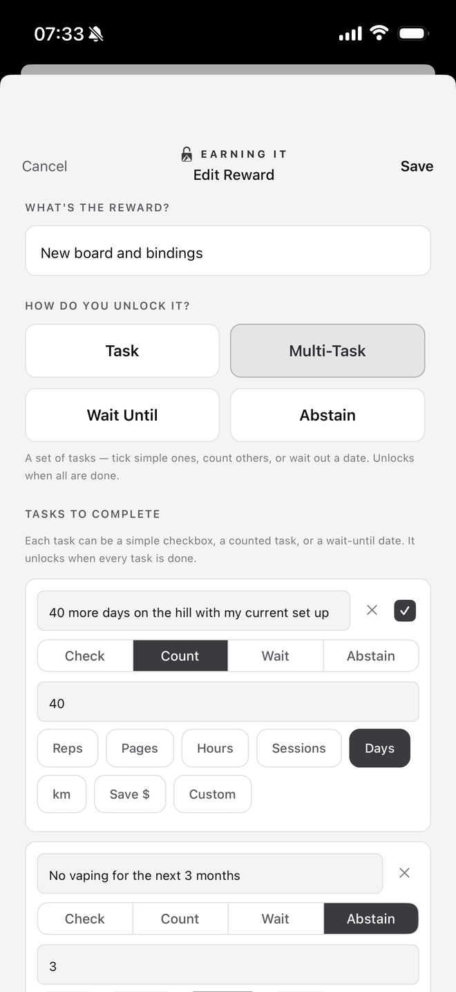 Editing a multi-task reward in the Light theme: new snowboard and bindings, priced with a 40-day riding count and a three-month no-vaping abstain