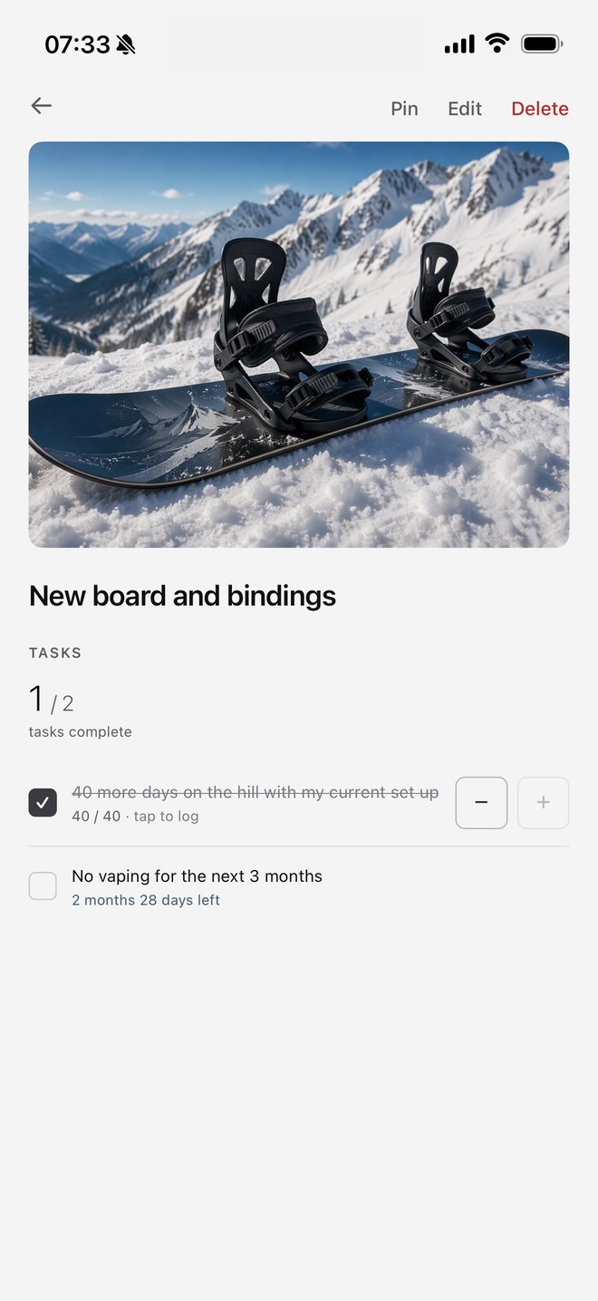 Snowboard reward detail: 40 of 40 days complete and crossed out, no vaping for 3 months with 2 months 28 days left